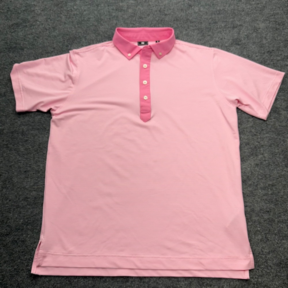 FootJoy Mens Pink White Striped Short Sleeve Golf Polo Shirt Size M Button Down
